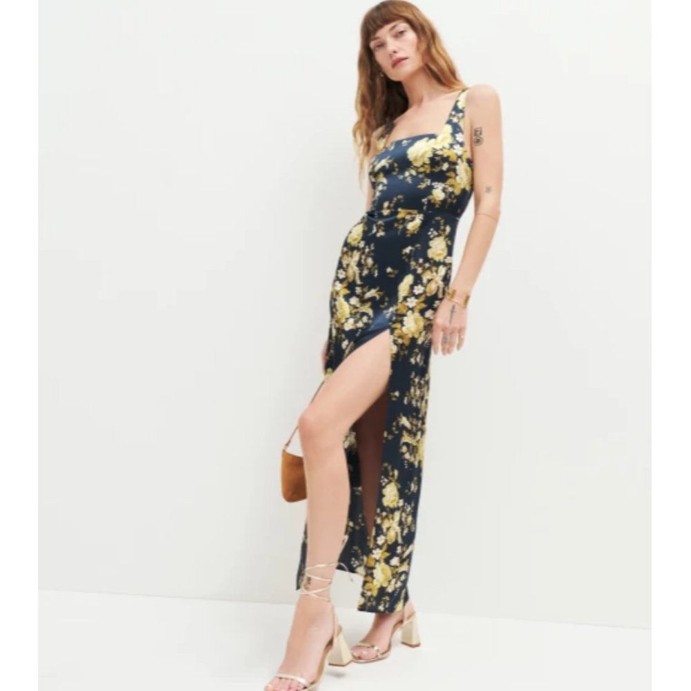 NWOT Reformation Solay Silk Dress in Divinity Black Golden Sleeveless Midi